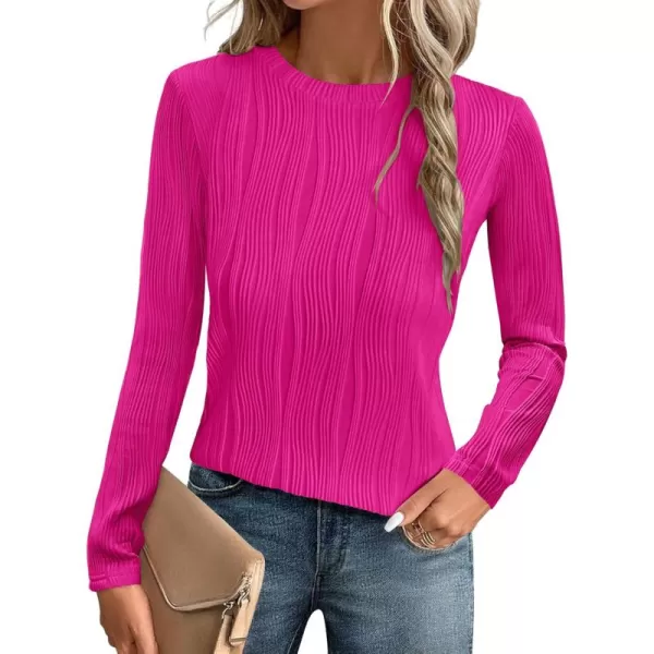 ZESICA Long Sleeve Shirts for Women Tops Fall Fashion 2024 Trendy Slim fit Textured TshirtsRose