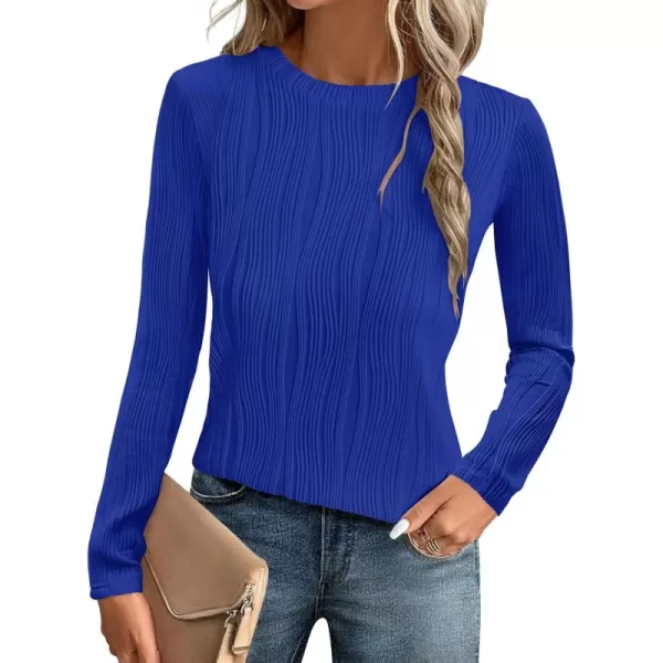 ZESICA Long Sleeve Shirts for Women Tops Fall Fashion 2024 Trendy Slim fit Textured TshirtsSapphireblue