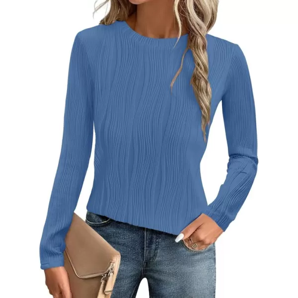 ZESICA Long Sleeve Shirts for Women Tops Fall Fashion 2024 Trendy Slim fit Textured TshirtsSkyblue