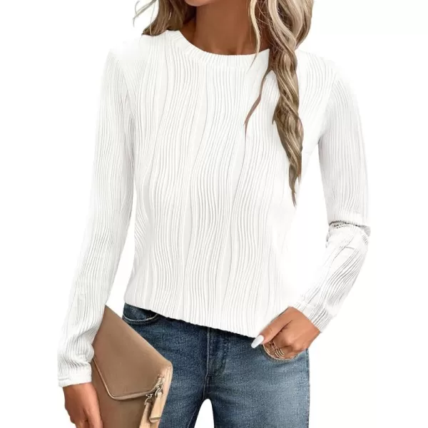 ZESICA Long Sleeve Shirts for Women Tops Fall Fashion 2024 Trendy Slim fit Textured TshirtsWhite