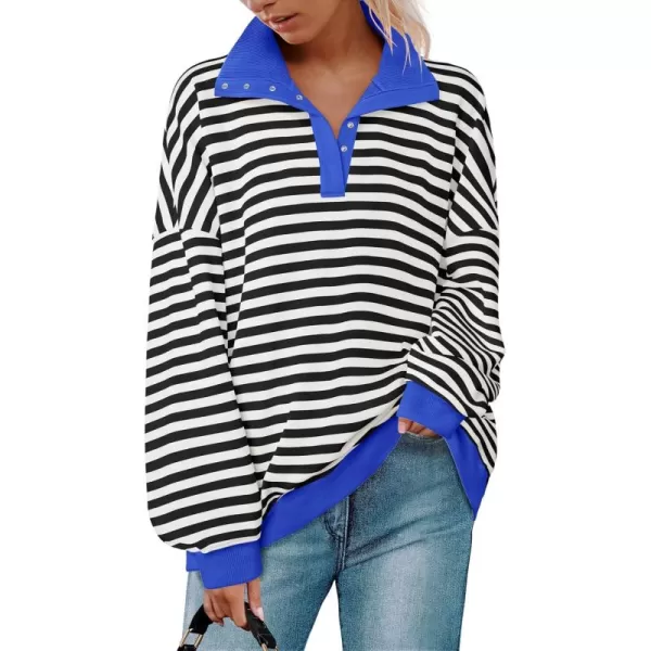 ZESICA Sweatshirts for Womens Long Sleeve Lapel V Neck Striped Oversized TopsBlack