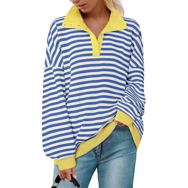 ZESICA Sweatshirts for Womens Long Sleeve Lapel V Neck Striped Oversized TopsBlue