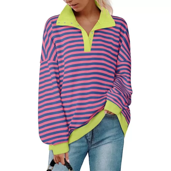 ZESICA Sweatshirts for Womens Long Sleeve Lapel V Neck Striped Oversized TopsBlue Pink