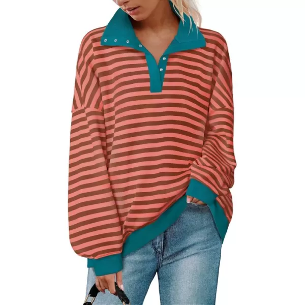ZESICA Sweatshirts for Womens Long Sleeve Lapel V Neck Striped Oversized TopsCoral