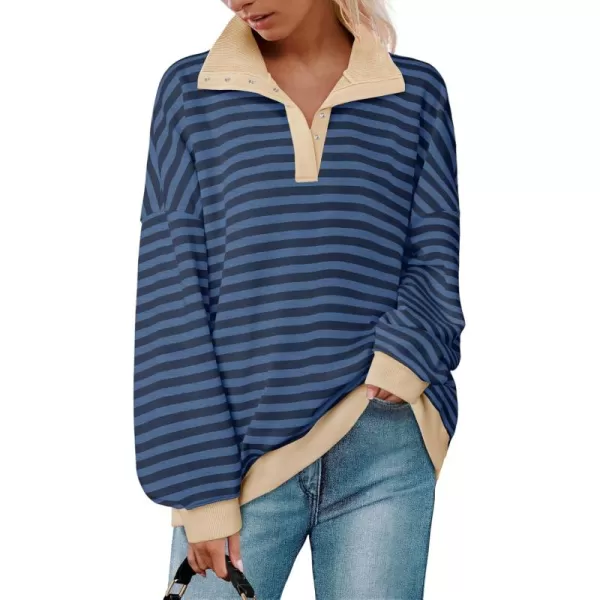 ZESICA Sweatshirts for Womens Long Sleeve Lapel V Neck Striped Oversized TopsDark Blue