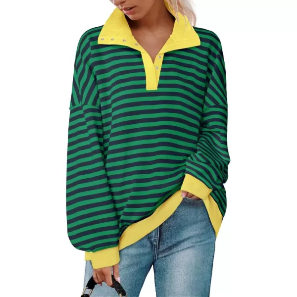 ZESICA Sweatshirts for Womens Long Sleeve Lapel V Neck Striped Oversized TopsDark Green
