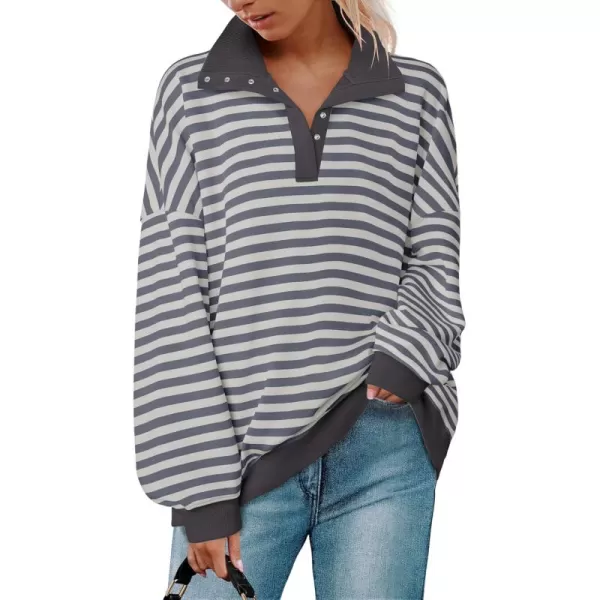 ZESICA Sweatshirts for Womens Long Sleeve Lapel V Neck Striped Oversized TopsDark Grey