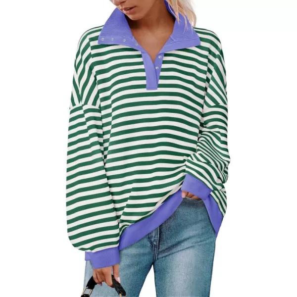 ZESICA Sweatshirts for Womens Long Sleeve Lapel V Neck Striped Oversized TopsGreen