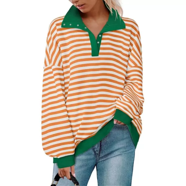 ZESICA Sweatshirts for Womens Long Sleeve Lapel V Neck Striped Oversized TopsOrange