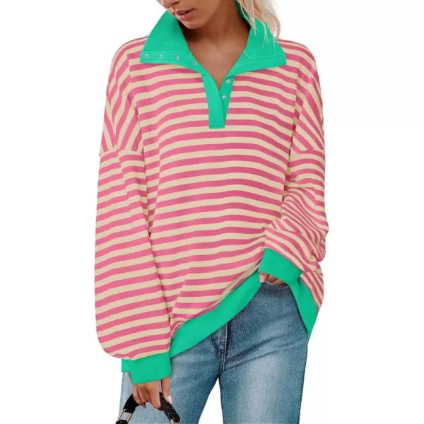 ZESICA Sweatshirts for Womens Long Sleeve Lapel V Neck Striped Oversized TopsPink