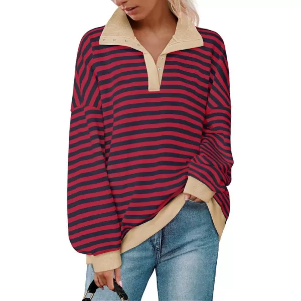 ZESICA Sweatshirts for Womens Long Sleeve Lapel V Neck Striped Oversized TopsRed