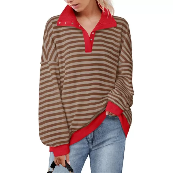 ZESICA Sweatshirts for Womens Long Sleeve Lapel V Neck Striped Oversized TopsRed Brown