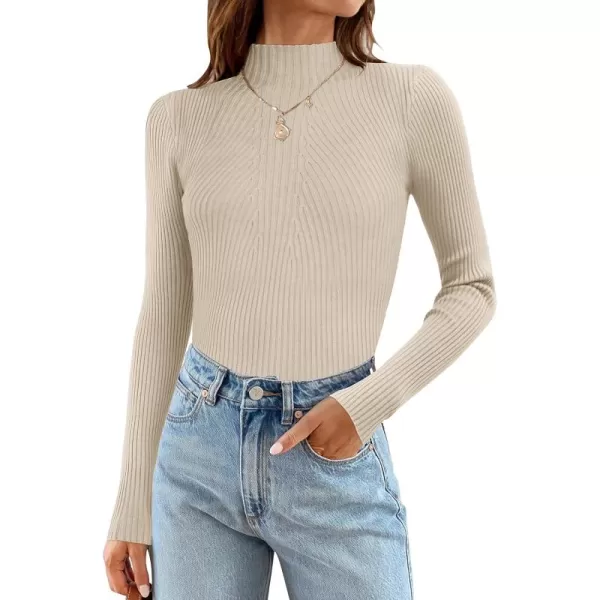ZESICA Womens 2024 Fall Long Sleeve Turtleneck T Shirt Ribbed Knit Sweater Slim Fit Basic Casual Tee TopsAlmond
