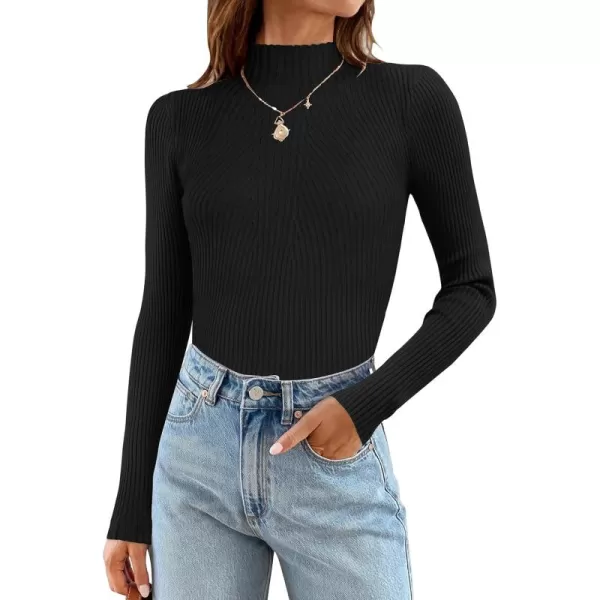 ZESICA Womens 2024 Fall Long Sleeve Turtleneck T Shirt Ribbed Knit Sweater Slim Fit Basic Casual Tee TopsBlack