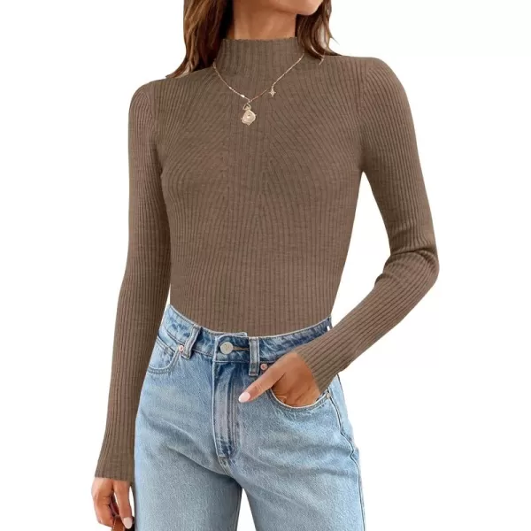 ZESICA Womens 2024 Fall Long Sleeve Turtleneck T Shirt Ribbed Knit Sweater Slim Fit Basic Casual Tee TopsCamel