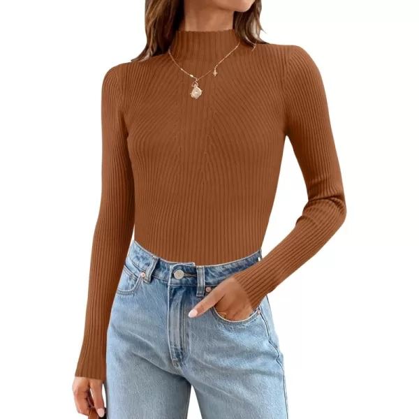 ZESICA Womens 2024 Fall Long Sleeve Turtleneck T Shirt Ribbed Knit Sweater Slim Fit Basic Casual Tee TopsCaramel