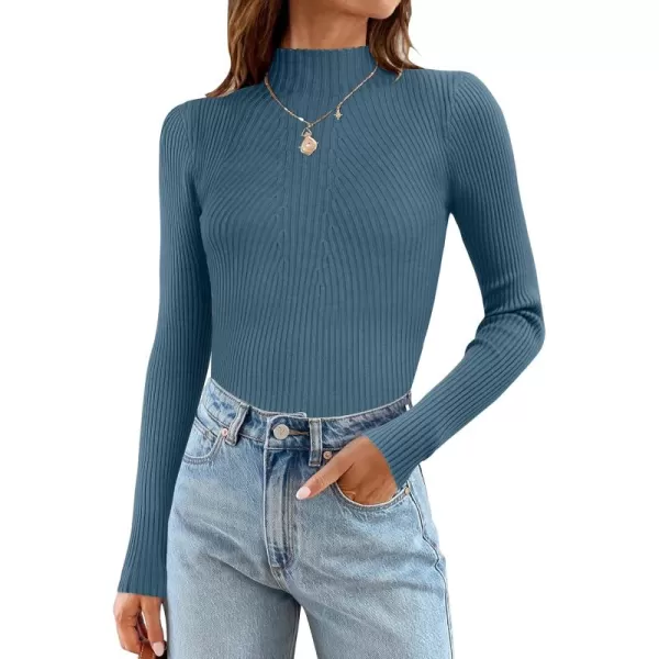 ZESICA Womens 2024 Fall Long Sleeve Turtleneck T Shirt Ribbed Knit Sweater Slim Fit Basic Casual Tee TopsDarkblue