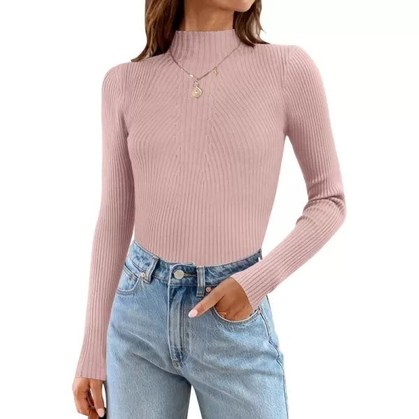 ZESICA Womens 2024 Fall Long Sleeve Turtleneck T Shirt Ribbed Knit Sweater Slim Fit Basic Casual Tee TopsDustypink