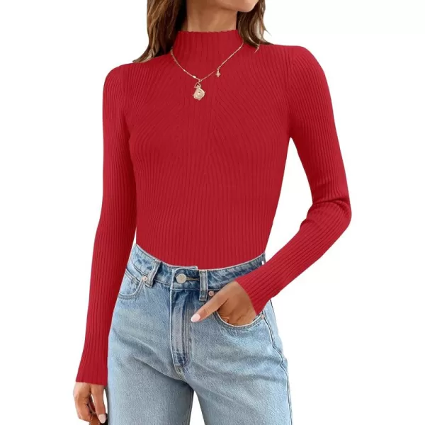 ZESICA Womens 2024 Fall Long Sleeve Turtleneck T Shirt Ribbed Knit Sweater Slim Fit Basic Casual Tee TopsRed
