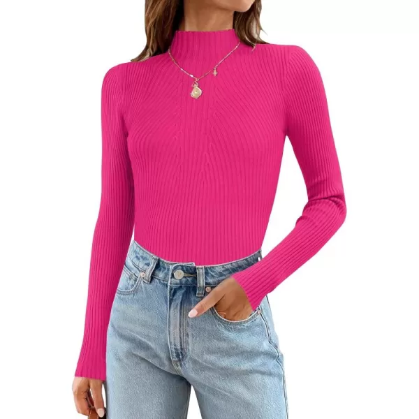 ZESICA Womens 2024 Fall Long Sleeve Turtleneck T Shirt Ribbed Knit Sweater Slim Fit Basic Casual Tee TopsRose