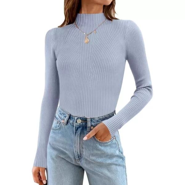 ZESICA Womens 2024 Fall Long Sleeve Turtleneck T Shirt Ribbed Knit Sweater Slim Fit Basic Casual Tee TopsSky