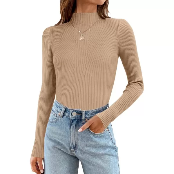 ZESICA Womens 2024 Fall Long Sleeve Turtleneck T Shirt Ribbed Knit Sweater Slim Fit Basic Casual Tee TopsToffee