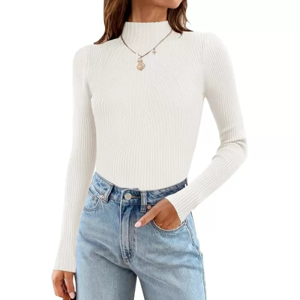 ZESICA Womens 2024 Fall Long Sleeve Turtleneck T Shirt Ribbed Knit Sweater Slim Fit Basic Casual Tee TopsWhite