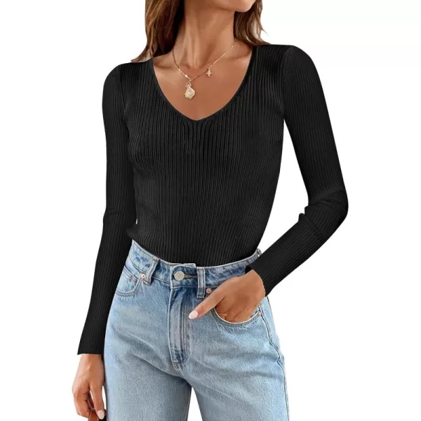 ZESICA Womens 2024 Fall Long Sleeve V Neck T Shirts Ribbed Knit Sweater Slim Fit Solid Basic Casual Tee TopsBlack