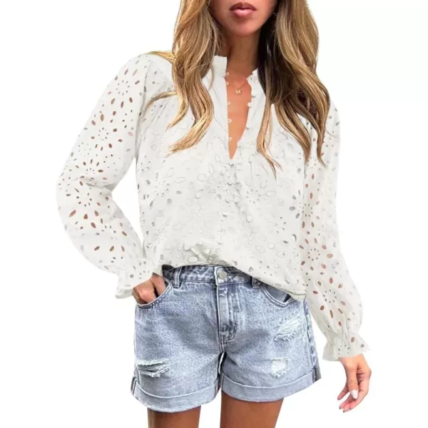 ZESICA Womens Casual Blouse Tops Puff Long Sleeve Button V Neck Hollow Out Eyelet Lace Embroidered 2024 Shirt DressyWhite