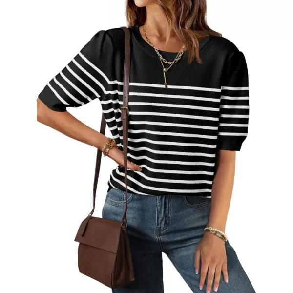 ZESICA Womens Casual Striped Tops Short Sleeve Crew Neck Ribbed Knit T Shirts Comfy Loose Basic Pullover SweaterBlack