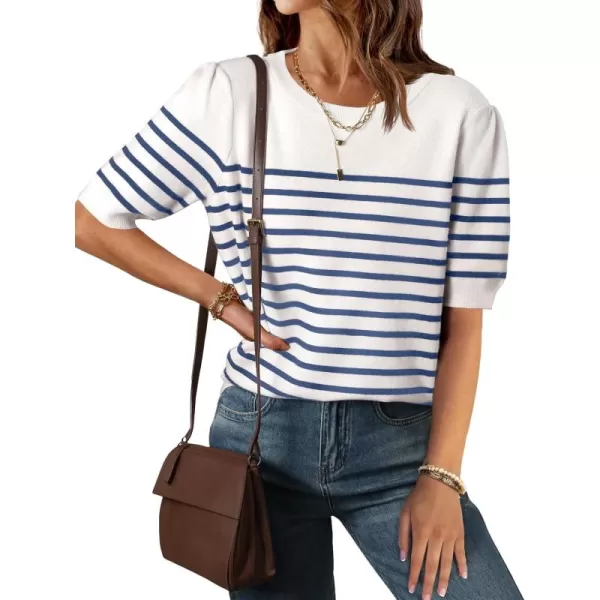 ZESICA Womens Casual Striped Tops Short Sleeve Crew Neck Ribbed Knit T Shirts Comfy Loose Basic Pullover SweaterBlue