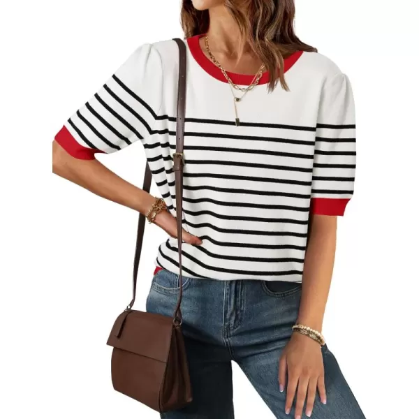 ZESICA Womens Casual Striped Tops Short Sleeve Crew Neck Ribbed Knit T Shirts Comfy Loose Basic Pullover SweaterCream