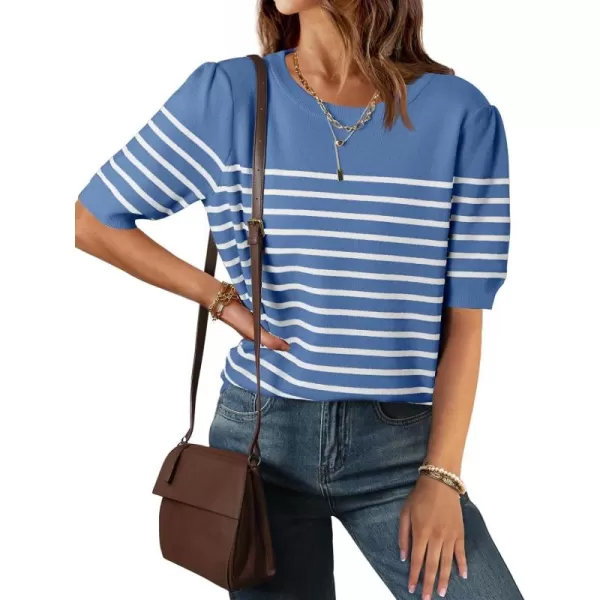 ZESICA Womens Casual Striped Tops Short Sleeve Crew Neck Ribbed Knit T Shirts Comfy Loose Basic Pullover SweaterDusty Blue