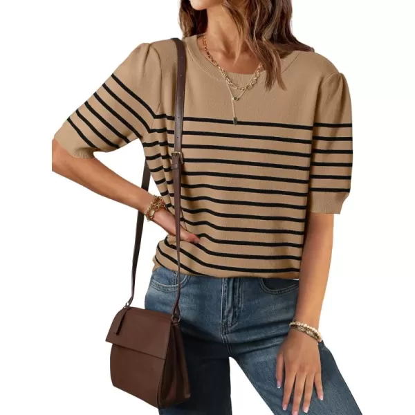 ZESICA Womens Casual Striped Tops Short Sleeve Crew Neck Ribbed Knit T Shirts Comfy Loose Basic Pullover SweaterKhaki
