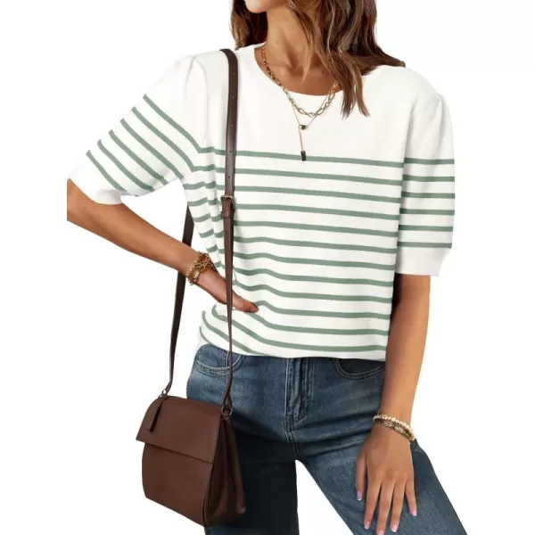 ZESICA Womens Casual Striped Tops Short Sleeve Crew Neck Ribbed Knit T Shirts Comfy Loose Basic Pullover SweaterLight Green