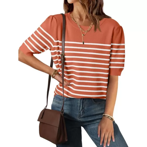 ZESICA Womens Casual Striped Tops Short Sleeve Crew Neck Ribbed Knit T Shirts Comfy Loose Basic Pullover SweaterPeach