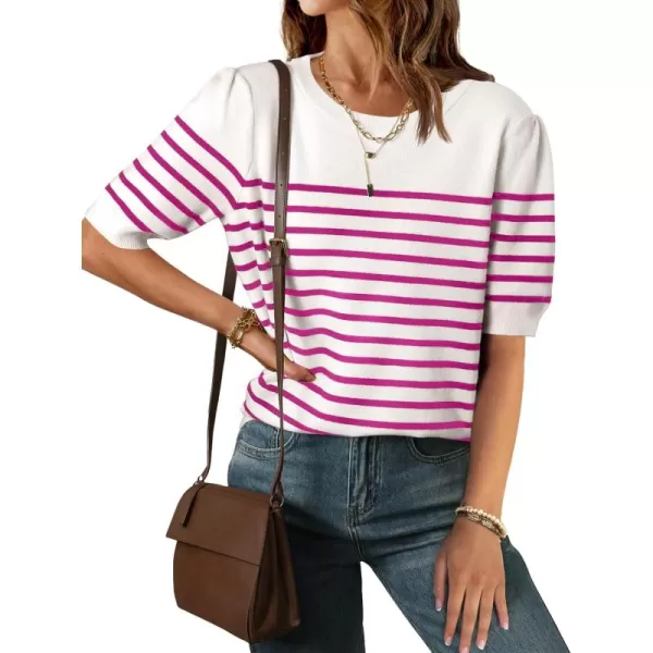 ZESICA Womens Casual Striped Tops Short Sleeve Crew Neck Ribbed Knit T Shirts Comfy Loose Basic Pullover SweaterRosered
