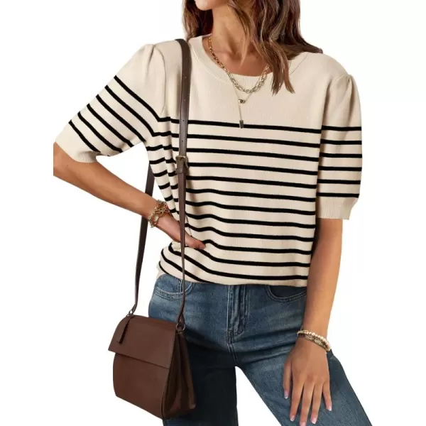 ZESICA Womens Casual Striped Tops Short Sleeve Crew Neck Ribbed Knit T Shirts Comfy Loose Basic Pullover SweaterSand