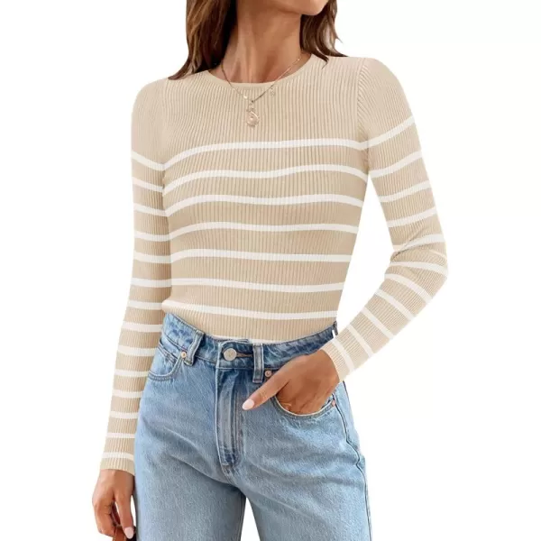 ZESICA Womens Long Sleeve Crewneck Striped Shirts 2024 Fall Ribbed Knit Sweater Slim Fitted Casual Basic Tee TopsApricot