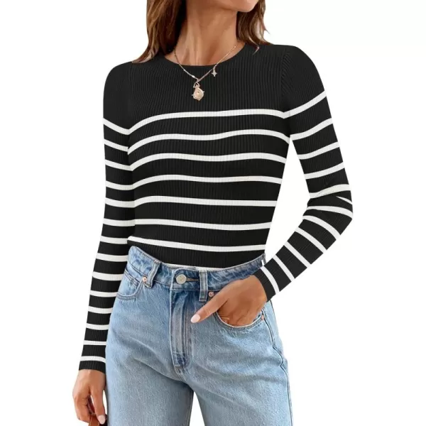 ZESICA Womens Long Sleeve Crewneck Striped Shirts 2024 Fall Ribbed Knit Sweater Slim Fitted Casual Basic Tee TopsBlack