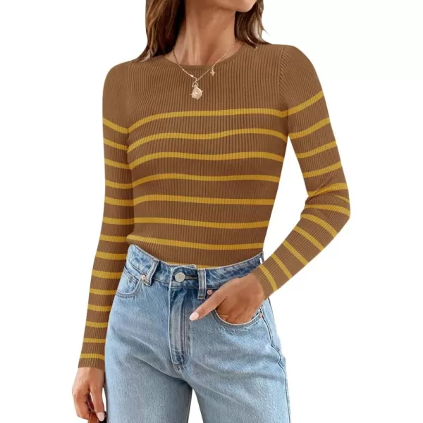 ZESICA Womens Long Sleeve Crewneck Striped Shirts 2024 Fall Ribbed Knit Sweater Slim Fitted Casual Basic Tee TopsBrown