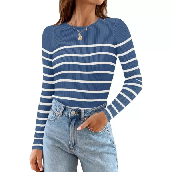 ZESICA Womens Long Sleeve Crewneck Striped Shirts 2024 Fall Ribbed Knit Sweater Slim Fitted Casual Basic Tee TopsDarkblue