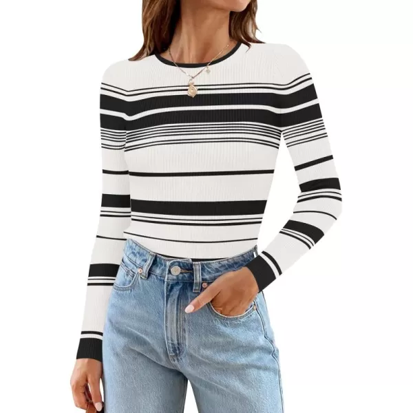 ZESICA Womens Long Sleeve Crewneck Striped Shirts 2024 Fall Ribbed Knit Sweater Slim Fitted Casual Basic Tee TopsIvory