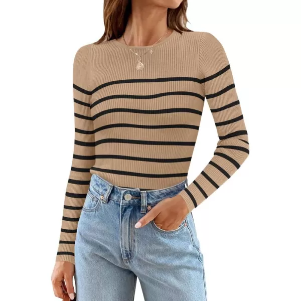 ZESICA Womens Long Sleeve Crewneck Striped Shirts 2024 Fall Ribbed Knit Sweater Slim Fitted Casual Basic Tee TopsKhaki