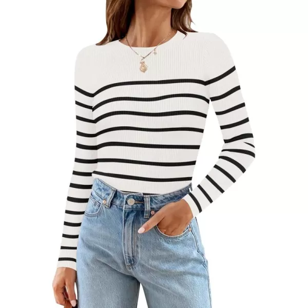 ZESICA Womens Long Sleeve Crewneck Striped Shirts 2024 Fall Ribbed Knit Sweater Slim Fitted Casual Basic Tee TopsWhite
