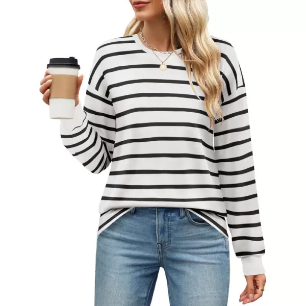 ZESICA Womens Long Sleeve Striped Shirts Fall Crewneck Casual Loose Fit Tunic TopsWhite