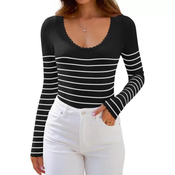 ZESICA Womens Long Sleeve Striped Tops 2024 Fall Scoop Neck Slim Fit Ribbed Knit Sweater Basic Casual Tee ShirtsBlack