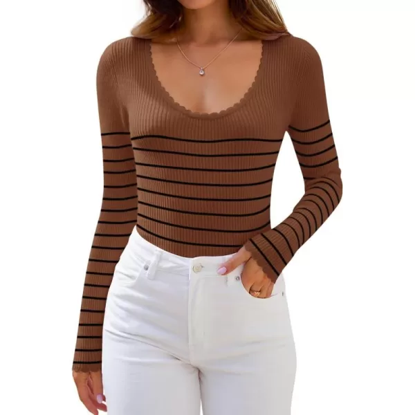 ZESICA Womens Long Sleeve Striped Tops 2024 Fall Scoop Neck Slim Fit Ribbed Knit Sweater Basic Casual Tee ShirtsBrown