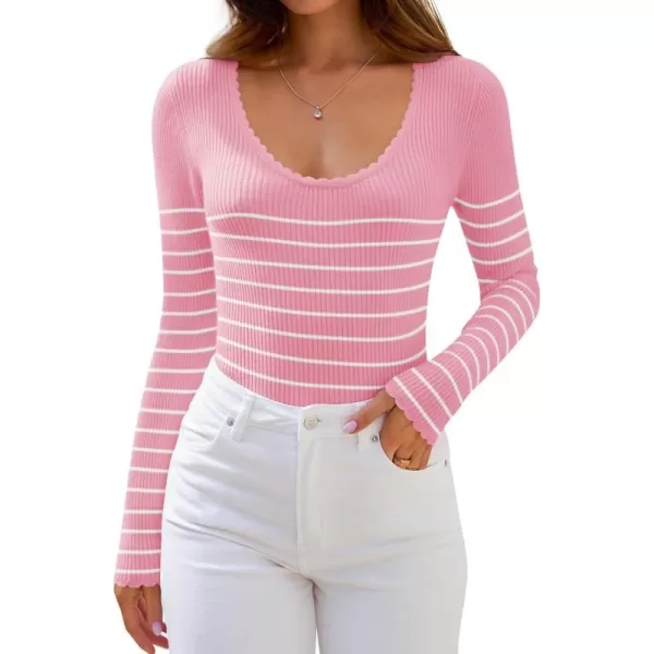 ZESICA Womens Long Sleeve Striped Tops 2024 Fall Scoop Neck Slim Fit Ribbed Knit Sweater Basic Casual Tee ShirtsPink