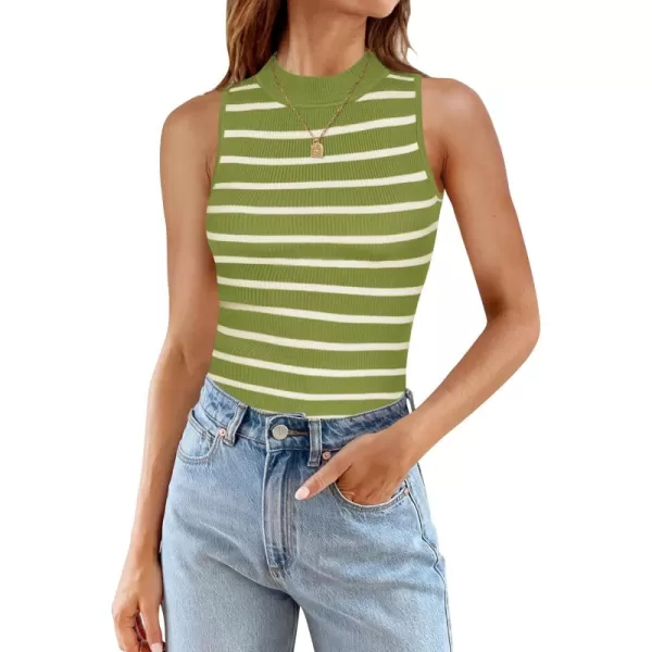 ZESICA Womens Ribbed Tank Tops High Neck Slim Fitted Striped Basic Casual Summer Sleeveless ShirtsAvocadogreen